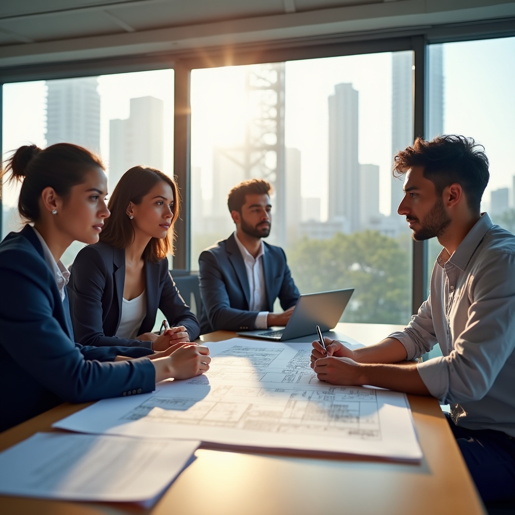 Professional team reviewing real estate project documents in Santiago, Chile